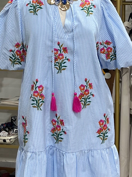 THML Dresses & Skirts - THML Light Blue Striped Mini Dress with Pink Floral Embroidery and Tassels